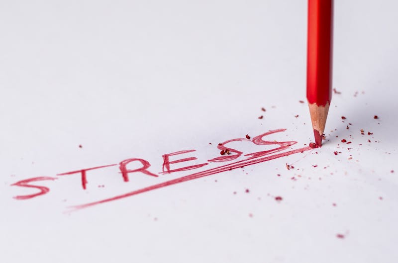 Close-up of a red pencil writing 'stress' on paper, symbolizing pressure and creativity.