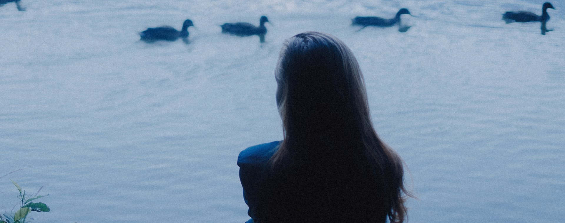A woman sits by a tranquil lakeside with ducks swimming at sunrise in Belarus.